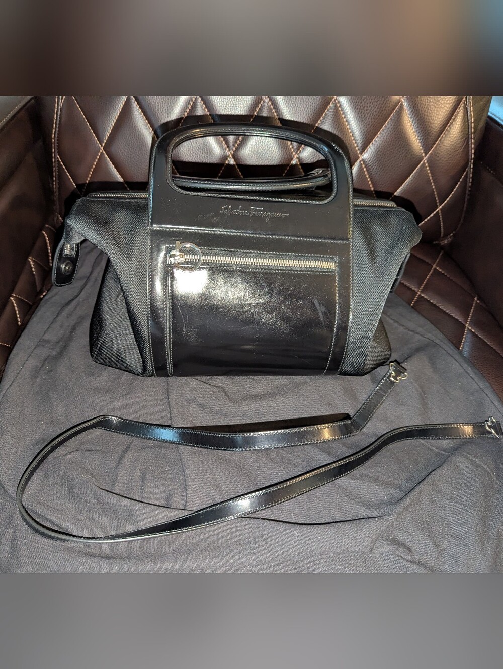 Salvatore Ferragamo Signature Black Leather & Canvas Top Handle Bag W/Strap